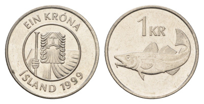 Исландия 1 крона 1999 треска KM 27a сталь плакированная никелем UNC 4687-852