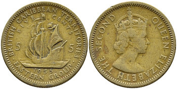 Британские Восточно-Карибские территории 5 центов 1955 Елизавета II (1952-2022), парусник KM 4 никель латунь 89-1616