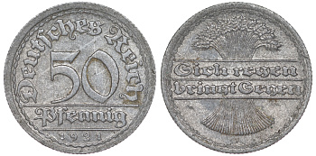 Германия 50 пфеннигов 1921 F KM 27, J. 301 алюминий 4114-851