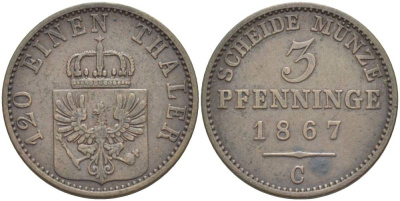 ПРУССИЯ 3 ПФЕННИГА 1867 C, ВИЛЬГЕЛЬМ I (1861-1888), ВЕС 4,41 ГР., МОНДВОР КЛЕВЕ KM 482, Jaeger 52, AKS 106, Olding 431. медь 31-1151