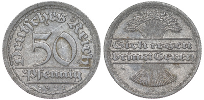 Германия 50 пфеннигов 1921 F KM 27, J. 301 алюминий 4114-851