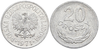 Польша 20 грошей 1971 MW KM A47 алюминий 3336-623