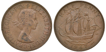 Великобритания 1/2 пенни 1967 Елизавета II (1952-2022) KM 896, Spink 4158 бронза 72-413