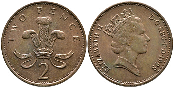 Великобритания 2 пенса 1988 Елизавета II (1952-2022) KM 936, Spink 4376 (C3) бронза 87-753