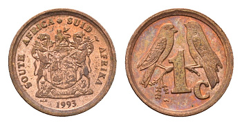 ЮАР 1 цент 1993 герб, капские воробьи KM 132 сталь плакированная медью UNC 4694-122