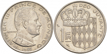 Монако 1 франк 1966 Ренье III (1949-2005) KM 140 никель 73-343