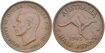 АВСТРАЛИЯ 1/2 ПЕННИ 1943 m, ГЕОРГ VI (1936-1952), КЕНГУРУ KM 41 бронза 4514-827