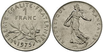 Франция 1 франк 1975 сеятель KM 925 никель 4135-845