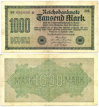 ГЕРМАНИЯ 1000 МАРОК 1922 15 СЕНТЯБРЯ 1922, ВОДЯНОЙ ЗНАК F, БЕЛАЯ БУМАГА Pick 76c бумага 3295-53-1