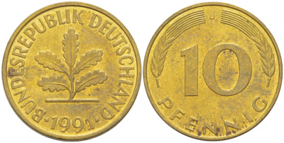 ФРГ 10 ПФЕННИГОВ 1991 J KM 108, J.383 сталь плакированная латунью 3718-843