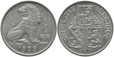БЕЛЬГИЯ 1 ФРАНК 1939 BELGIE-BELGIQUE KM 120 никель 4384-925