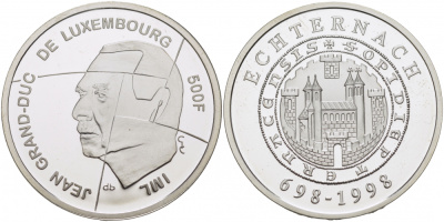 Люксембург 500 франков 1998 1300 лет коммуне Эхтернах KM 73 серебро PROOF 1081-5-54