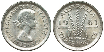 Австралия 3 пенса 1961 m, Елизавета II (1952-2022) KM 57 серебро 71-722