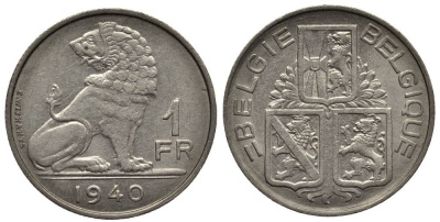 БЕЛЬГИЯ 1 ФРАНК 1940 BELGIE-BELGIQUE, ЛЕОПОЛЬД III (1934-1950) KM 120 никель 27-1012