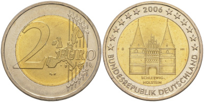 Германия 2 евро 2006 D, серия ФЕДЕРАЛЬНЫЕ ЗЕМЛИ, ШЛЕЗВИГ-ГОЛЬШТЕЙН, ГОЛШТИНСКИЕ ВОРОТА В ЛЮБЕКЕ KM 253 биметалл UNC 4111-732