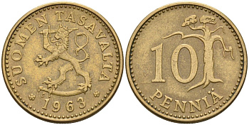 Финляндия 10 пенни 1963 S KM 46 алюминиевая бронза 4595-124