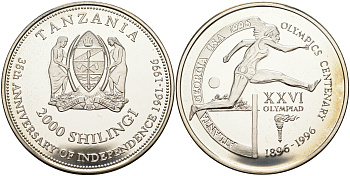 Танзания 2000 шиллингов 1996 XXVI Олимпийские игры 1996 года в Атланте, 100 лет Олимпийскому движению, бег с барьерами, пробник, гладкий гурт серебро PROOF 06-135-44
