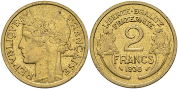 ФРАНЦИЯ 2 ФРАНКА 1938 ТИП MORLON KM 886, LE FRANC 268.11 алюминиевая бронза 3855-116