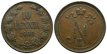 РОССИЯ ДЛЯ ФИНЛЯНДИИ 10 ПЕННИ 1905 Биткин 429 медь 4381-116