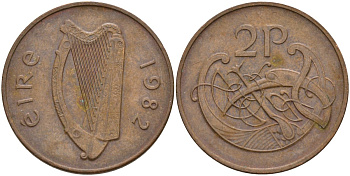 Ирландия 2 пенса 1982 виньетка в виде стилизованной птицы из второй библии Карла II Лысого KM 21 бронза 4144-1013