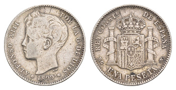Испания 1 песета 1899 Альфонсо XIII (1886-1931) KM 706 серебро    1531-1114