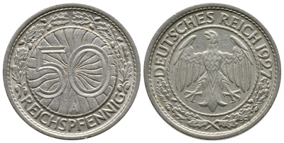 Германия 50 рейхспфеннигов 1927 A KM 49, J. 324 никель 4380-357