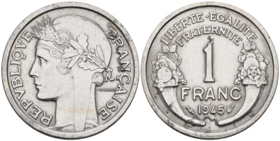 Франция 1 франк 1945 тип Морлон KM 885а.1 алюминий    4153-424