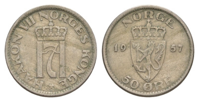 Норвегия 50 эре 1957 Хокон VII (1905-1957) KM 402 медно-никель 4635-422
