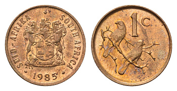 ЮАР 1 цент 1985 герб, капские воробьи KM 82 бронза UNC 4690-1238