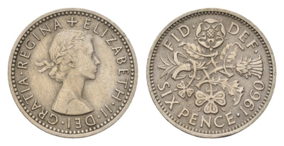 Великобритания 6 пенсов 1960 Елизавета II (1952-2022) KM 903, Spink 4149 медно-никель 100-737