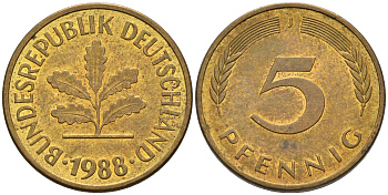 ФРГ 5 ПФЕННИГОВ 1988 J KM 107, J. 382 сталь плакированная латунью UNC 75-517