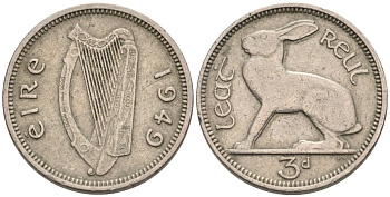 Ирландия 3 пенса 1949 заяц KM 12а медно-никель 92-225