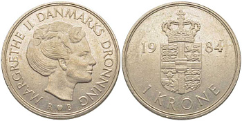 Дания 1 крона 1984 R;B, Маргрете II (1972-) KM 862.3 медно-никель 113-916