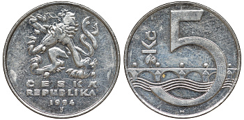 Чехия 5 крон 1994 чешский лев, Карлов мост KM 8 сталь плакированная никелем 51-1136