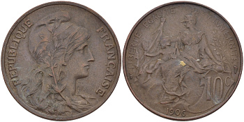 ФРАНЦИЯ 10 САНТИМОВ 1906 ТИП ДАНИЭЛЬ ДЮПЮИ KM 843, LA FRANC 136.16 бронза 97-1225