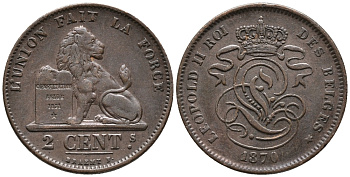 БЕЛЬГИЯ 2 САНТИМА 1870 BELGES KM 35.1 медь 34-1114