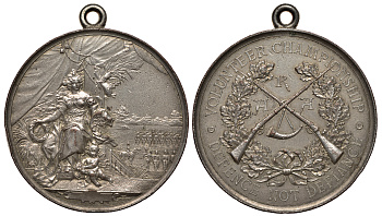 АНГЛИЯ МЕДАЛЬ ND УЧЕНИЯ ДОБРОВОЛЬЦЕВ, ЗАЩИТА А НЕ ПРЕНЕБРЕЖЕНИЕ, ДИАМЕТР 55 ММ., ВЕС 70,33 ГР. СЕРЕБРЕНИЕ, С УШКОМ ДЛЯ НОСКИ, РУЖЬЯ белый металл 02-009-31