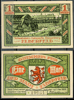 Германия, Эльберфельд 1 марка 1922 нотгельд, городские виды, зеленая Mehl 324.1 бумага UNC (пресс) 00-00
