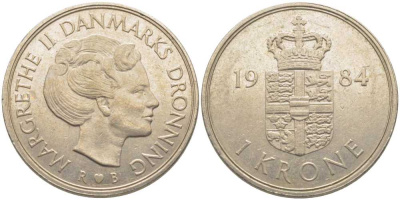 Дания 1 крона 1984 R;B, Маргрете II (1972-) KM 862.3 медно-никель 113-916