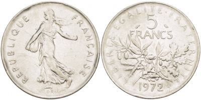 ФРАНЦИЯ 5 ФРАНКОВ 1972 СЕЯТЕЛЬ KM 926a.1, LE FRANC 341.4 медно-никель плакированный никелем 109-821
