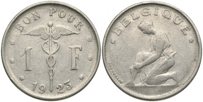 Бельгия 1 франк 1923 Belgique, Альберт I (1909-1934) KM 89 никель 51-1917