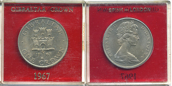 Гибралтар 1 крона 1967 Елизавета II (1952-2022), старый замок, в оригинальной пластиковой коробке, первый год чекана KM 4 медно-никель UNC 6-6-1-21
