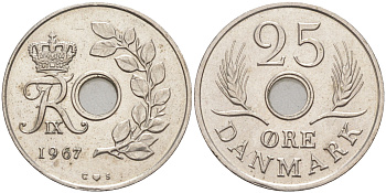 ДАНИЯ 25 ЭРЕ 1967 С; S, ФРЕДЕРИК IX (1947-1972) KM 855.1 медно-никель 98-721