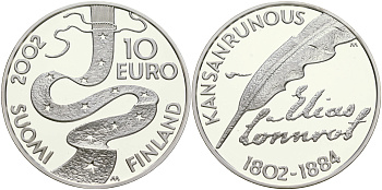 Финляндия 10 евро 2002 Элиас Леннрот, лингвист KM 108 серебро PROOF 11-256-31