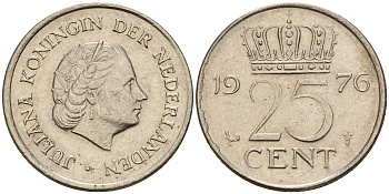 Нидерланды 25 центов 1976 Юлиана (1949-1980) KM 183 никель    4598-518