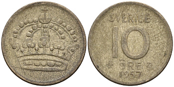 Швеция 10 эре 1957 T;S, Густав VI Адольф (1950-1973) КМ 823 серебро 4160-1248