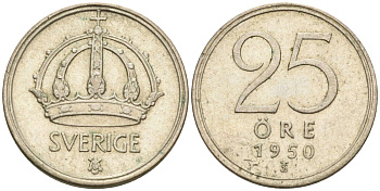 Швеция 25 эре 1950 TS, Густав V (1907-1950) KM 816 серебро 4381-947
