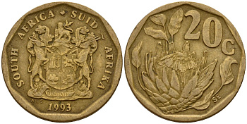 ЮАР 20 центов 1993 герб, цветок протея KM 136 сталь плакированная латунью 4154-1136
