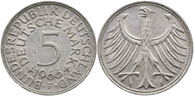 ФРГ 5 марок 1966 F, J. 387, KM 112.1 серебро 4389-332