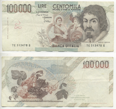 Италия 100000 лир 1983 Караваджо, фруктовый букет, подпись Speziali Pick 110b бумага 7220-29-1